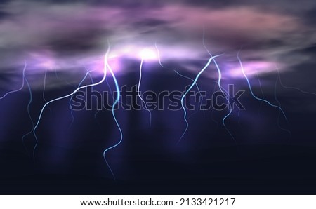 3d realistic vector background. Rainy clouds with lighting. Night dark sky.