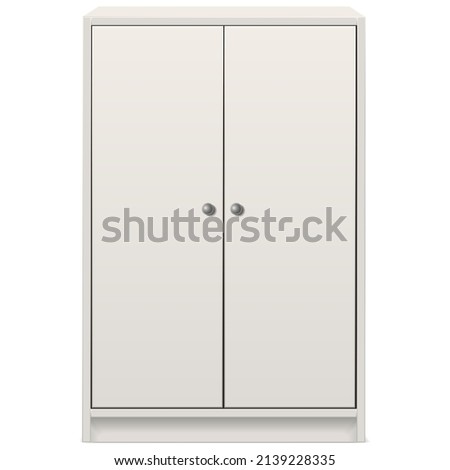 3d realistic vector icon. White dress cupboard with two doors. Isolated on white background.