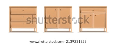 3d realistic vector icon set. Collection of dresser, bedside tables. Brown chest of drawers.
