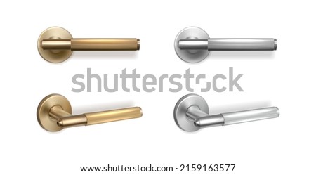 3d realistic vector icon set. Golden and silver door handles in side and front view. Islated on white background.