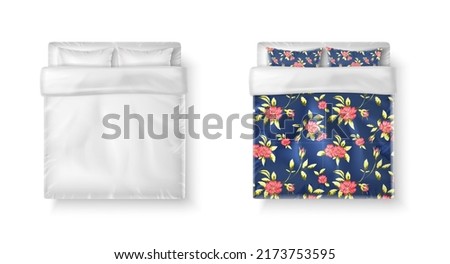 3d realistic vector icon set. Double bed with white bedsheets, duvet and two pillows in white and printed.