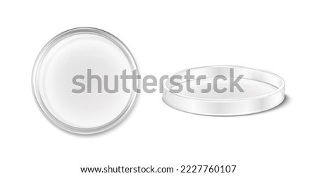3d realistic vector icon. Petri dish. Laboratory and sience equipment. Test and research lab. Top and side view.