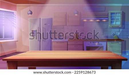 Modern vector cartoon style illustration of night kitchen room in the dark with light oven dining table, with fridge, oven with a stove and hob, sink.