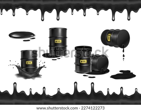 3d realistic vector icon illustartion. Hazard barrel in black oil splash, liquid splash and drops. Isolated on white background.