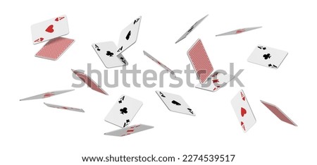  3d realistic vector icon. Flying playing cards of aces of diamonds clubs spades and hearts on white background, falling on the table.