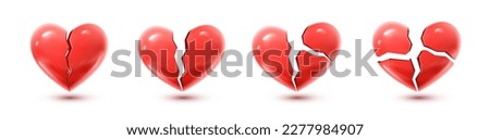 3d realistic vector icon set. Read heart cracked and  broken. Isolated.