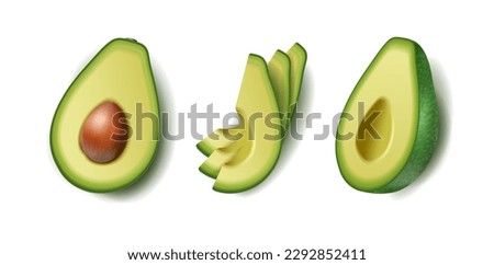 3d realistic vector icon set. Avocado set in half sliced. Isolated on white background.