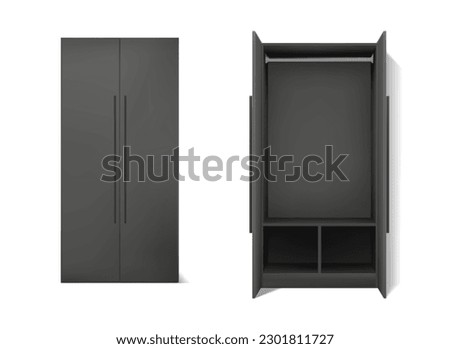 3d realistic vector icon set. Dark dress cupboard with two doors open and closed. Isolated on white background.