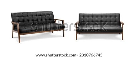3d realistic vector icon illustration. Black leather sofa in side and front view. isolated on white bakground.
