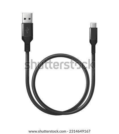 3d realistic vector icon. Black charging usb cabel. Isolated on white.
