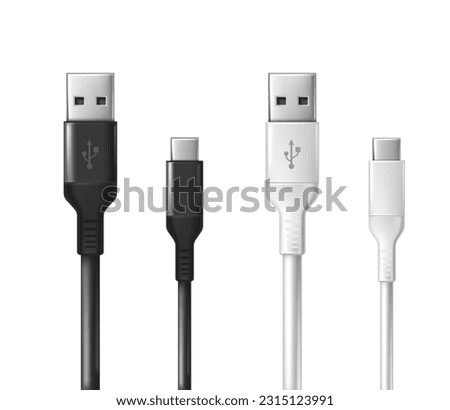 3d realistic vector icon. Black and white USB cabel. Isolated on white background.