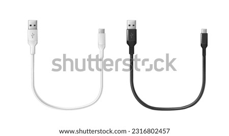 3d realistic vector icon. Black and white charging usb cabel. Isolated on white. Сток-фото © 