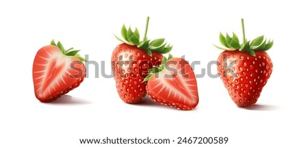 3d realistic vector icon. set of red strawberries, half of strawberry, whole strawberry. Isolated on white background.