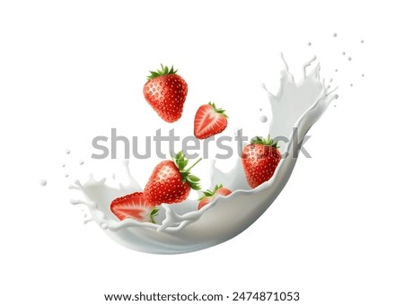 3d realistic vector icon illustration. Strawberry milk. Milk splash with strawberries falling. Isolated n white background. Dairy products or yoghurt with strawberries.