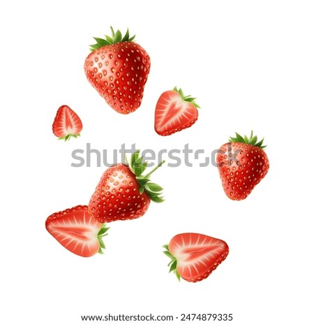 3d realistic vector illustration banner. Falling red strawberries. Isolated on white background.