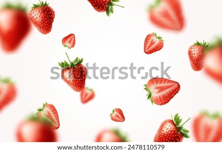 3d realistic vector illustration banner. Falling red strawberries banner. Isolated on white background.