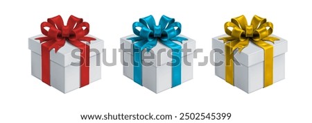 3d realistic vector icon illustration. Set of white gift boxes with red, blue or gold  silky ribbons bow. Present box isolated on white background.