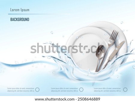 3d realistic vector illustration. Washing dishes banner. Clean white plates with cutlery, spoon, fork and knife with water splashes.