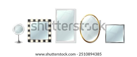 3d realistic vector icon set. Collection of different shepes of mirror, round, square and rectangular.