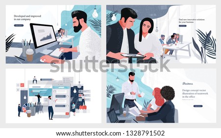 Vector illustrations for business, finance, cover, banner, poster or brochure design. Financial administration concept. Drawings of work in the office and in the team