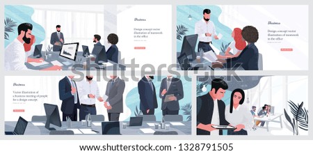 Vector illustrations for business, finance, cover, banner, poster or brochure design. Financial administration concept. Drawings of work in the office and in the team