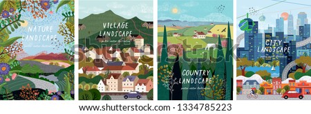 Nature, village, country, city landscapes. Vector illustration of natural, urban and rustic background for poster, banner, card, brochure or cover.