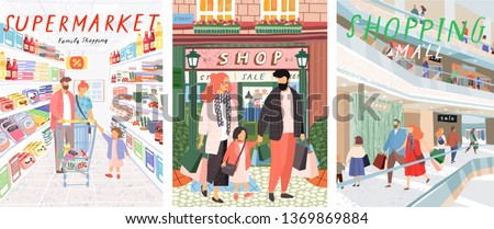 Family shopping. A vector illustration of people in a store shopping, handwritten drawings in the supermarket and in the mall.