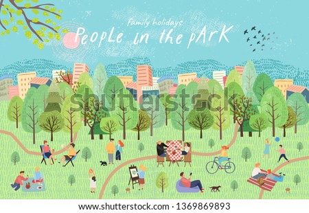 People in the park. Vector illustration of people having a rest on a picnic in nature. Drawing by hand active family weekend in the forest by the lake with a barbecue, children's games, walks.Top view ストックフォト © 