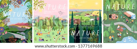 Nature. Cute vector illustration of landscape natural background, village, people on vacation in the park at a picnic, forest and trees. Drawings from the hand of summer and spring
