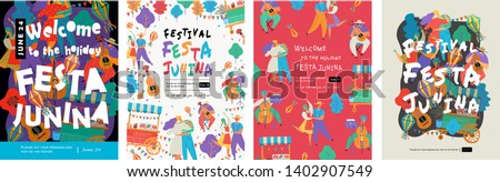 Festa Junina, Vector illustrations for poster, abstract banner, background or card for the brazilian holiday, festival, party and event, drawings of dancing cheerful people, musicians and shops 商業照片 © 