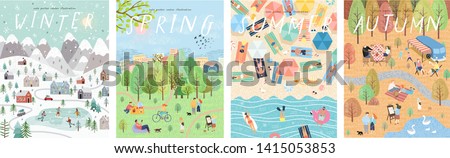 Set of posters for winter, spring, summer and autumn. Cute vector illustration of four seasons. Drawings of people, nature, trees, park and beach ストックフォト © 