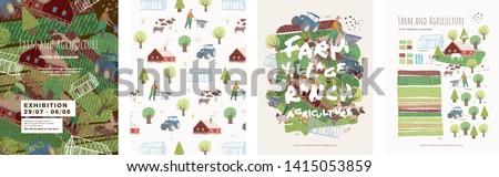 Farm and agriculture. Vector cute illustrations of village life and objects for a poster, banner or postcard, freehand drawings of people, animals, trees, traсtor and house for background and pattern