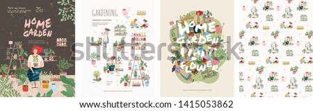 Garden, flowers and plants at home and outdoor.Vector drawn illustrations of plants in pots, people in garden beds, patterns and background for posters or cards