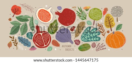Vector illustrations of autumn objects: fruits and vegetables, harvest, trees, leaves, plants, pumpkin, pomegranates, figs and nuts. Cute freehand drawings to create a poster or card.
