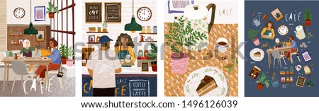 Cafe. Cute vector illustration of people sitting in a restaurant, a man making an order in a bar, a table with food in the kitchen and many objects on a cafe theme. Drawings for poster or background   商業照片 © 