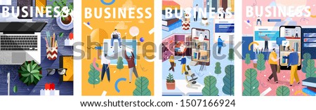 Big business set. Flat cartoon vector illustration: workplace desk; creation by people of concepts, ideas and design; life on social networks and the Internet; businessmen work and meeting in office. 