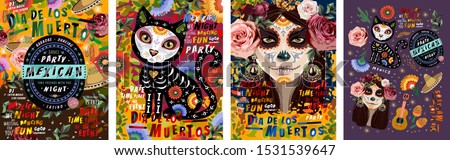 Día de los Muertos, Mexican holiday Day of the Dead and Halloween. Vector illustration of a woman with sugar skull makeup - Calavera Catrina, cat, flowers and mexican objects for poster or background 