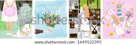 Happy Mother`s Day! Set of vector posters with woman celebrating on picnic; flowers bouquet in hand; mom and her children in kitchen and isolated objects. Drawings for a card, poster or postcard