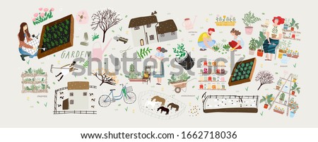 Garden! Vector cute illustration of woman and man cares for garden, potted plant and horses, grows organic vegetables and herbs on farm or at home. Drawings for a card, poster or postcard