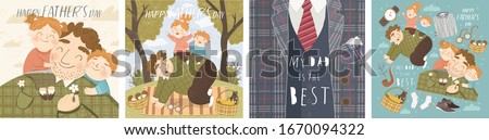 Happy Father's day Vector cute illustration of son and daughter hug daddy; father plays with kids on picnic; celebration concept of men suit; my dad is the best. Vector cute illustration for card