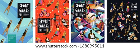 Sport games! Vector illustrations of athletes, swimmers, hockey player, jumper, runner, volleyball, basketball player, soccer player, cyclist, tennis player for poster, banner or cover design.
