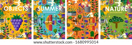 Summer time! Set posters of bright backgrounds and objects with summer flowers, juicy fruits, abstract birds, butterfly, gardening and nature. Vector illustration for banner, card, poster or postcard
