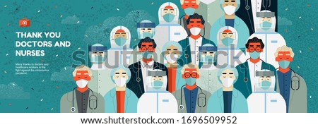 Thank you doctors and nurses for the fight against covid-19 coronavirus infection. Vector illustration of resuscitator, therapist, ambulance in mask. Drawing for banner or cover.