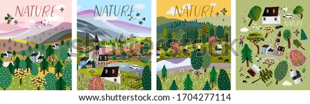 Nature. Vector illustration of a summer and spring landscape, mountains, trees, forest, houses and a village. Drawing of a European village and a village for a poster, background or postcard
 
