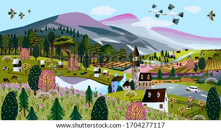 Nature. Vector illustration of a summer and spring landscape, mountains, trees, forest, houses, church, chapel and village. Drawing of a European village and a village for a poster or background 