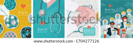 Thank you doctors and nurses.
Vector illustration for the epidemic of coronavirus covidum-19. Drawings of vaccine, virus, laboratory, hands, doctor, nurse, and stethoscope for poster or cover 