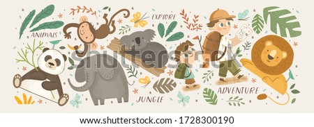 Animals in the jungle and explore. Vector cute illustrations of children's adventure, explorations, panda, koala, lion, elephant, giraffe, monkey and kids travelers.
