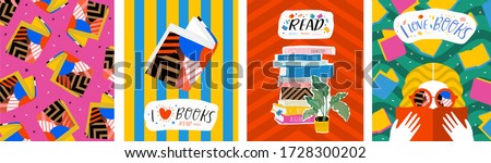 I love books. Vector illustration of abstract pop art posters with books, reading people and pattern. Graphic for background, banner or cover.
 
