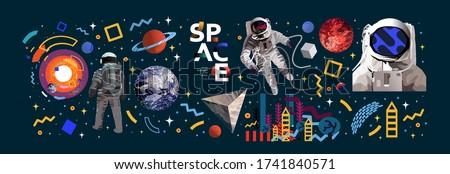 Space. Vector abstract illustrations of an astronaut, planets, galaxy, mars, future, earth and stars. Science fiction drawing for poster, cover or background
