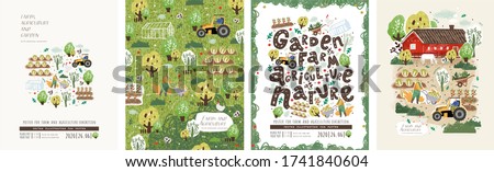 Farm, agriculture and garden.
Vector illustration of garden work, garden beds, trees, village, home, tractor and nature. Drawing for poster, card or background.
 
